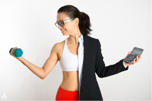 A woman wears two different outfits to represent a work-life balance.