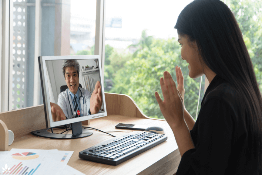 A woman accessing telehealth services in the workplace.